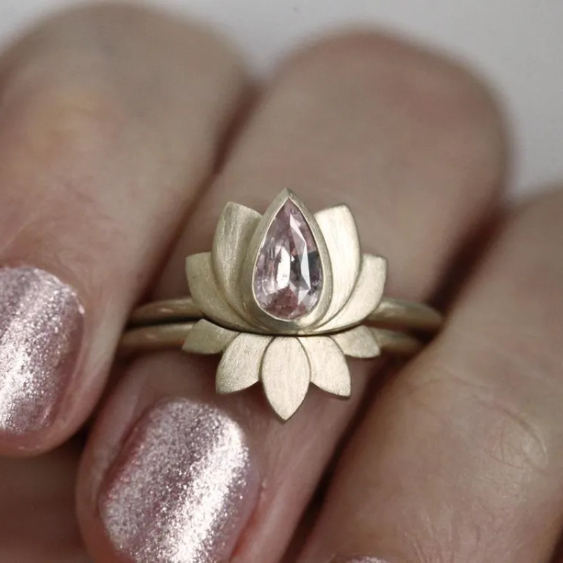 2pcs Vintage Lotus Flower Jewelry Set with Ring